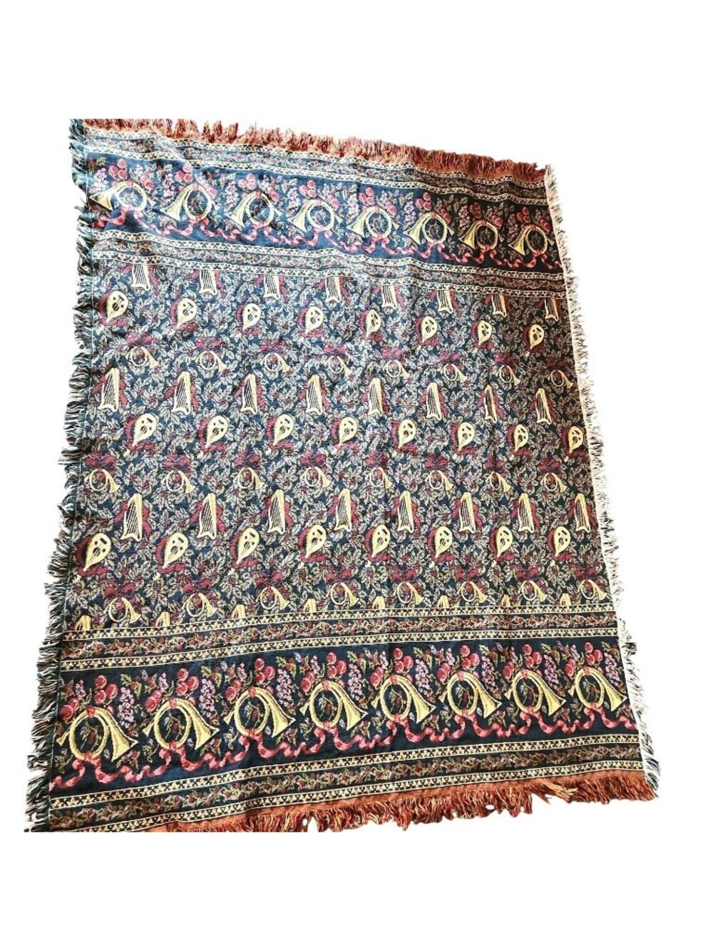 Tapestry Blanket vtg Throw 68"x52" musical Christmas horn red green gold
